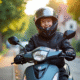 Jeune garçon en équipement moto souriant avec scooter 125cc en rue