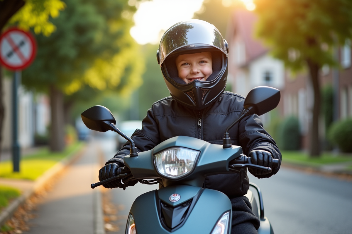 Jeune garçon en équipement moto souriant avec scooter 125cc en rue