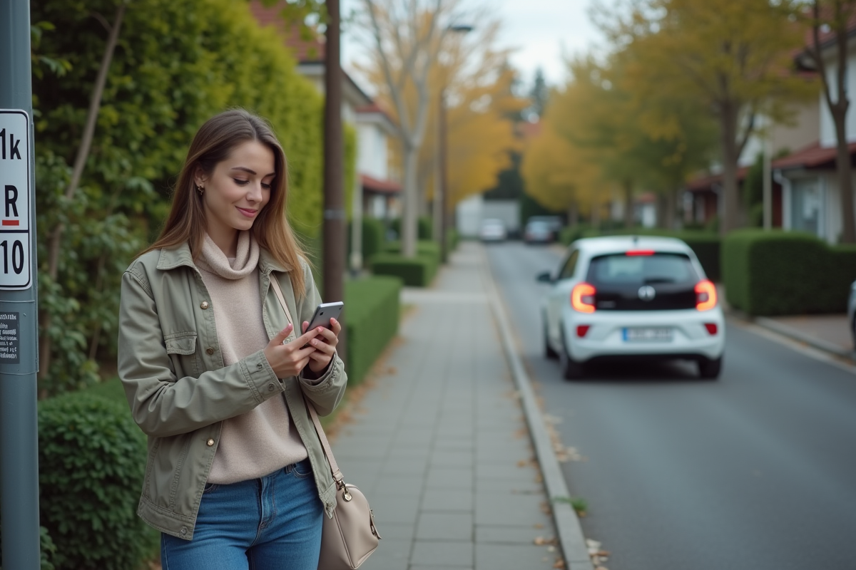 Jeune femme avec smartphone près d une voiture en quartier résidentiel