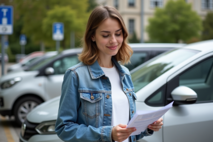 Jeune femme avec documents d'assurance auto dans une ville