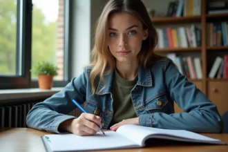 Jeune femme concentrée à étudier la théorie moto en intérieur