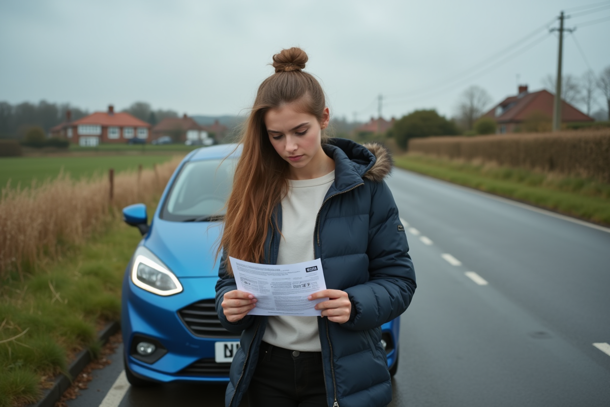 Jeune femme vérifiant une amende de vitesse en plein air