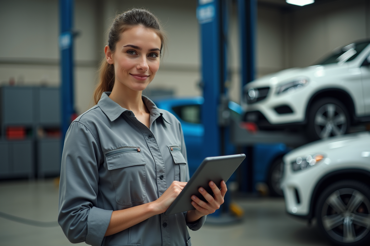 Jeune mécanicienne utilise une tablette dans un atelier auto