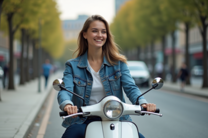 Jeune femme souriante en scooter en ville