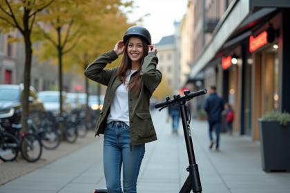 Jeune femme mettant son casque à côté d'un scooter électrique en ville