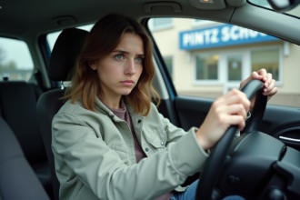 Jeune femme dans une voiture d'ecole de conduite avec expression pensif