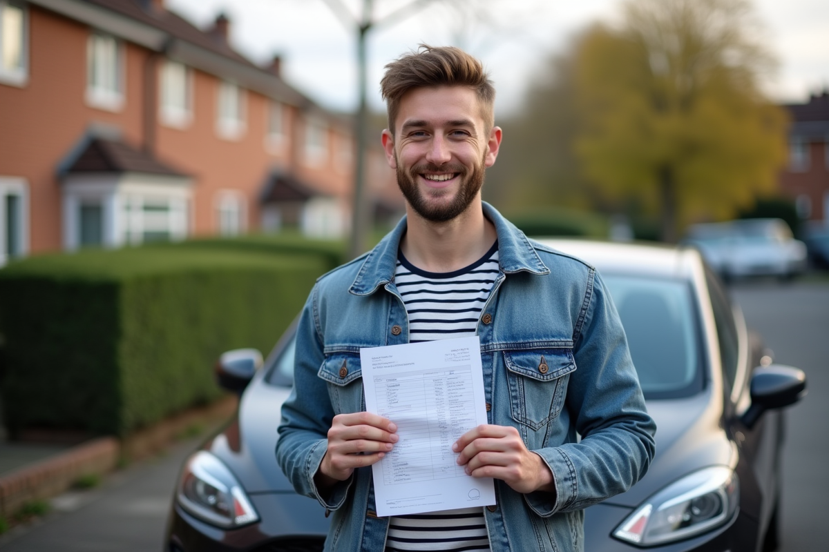 Jeune homme avec documents de voiture devant sa voiture