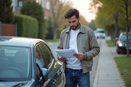 Jeune homme examinant des documents près d'une voiture