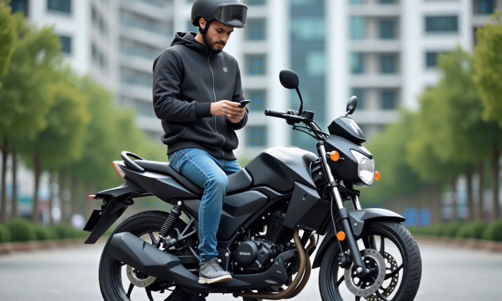 Jeune homme regardant une moto 125cc en ville