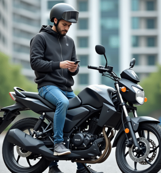 Jeune homme regardant une moto 125cc en ville
