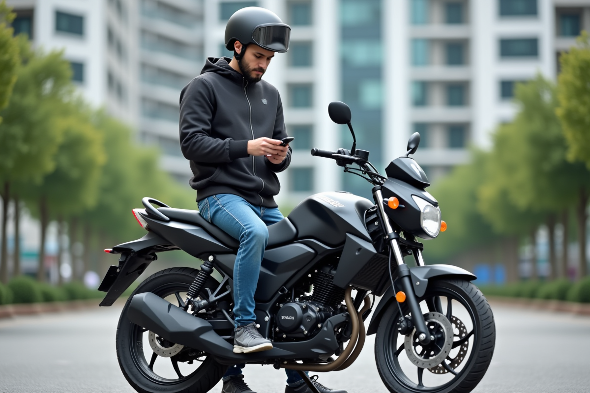 Jeune homme regardant une moto 125cc en ville