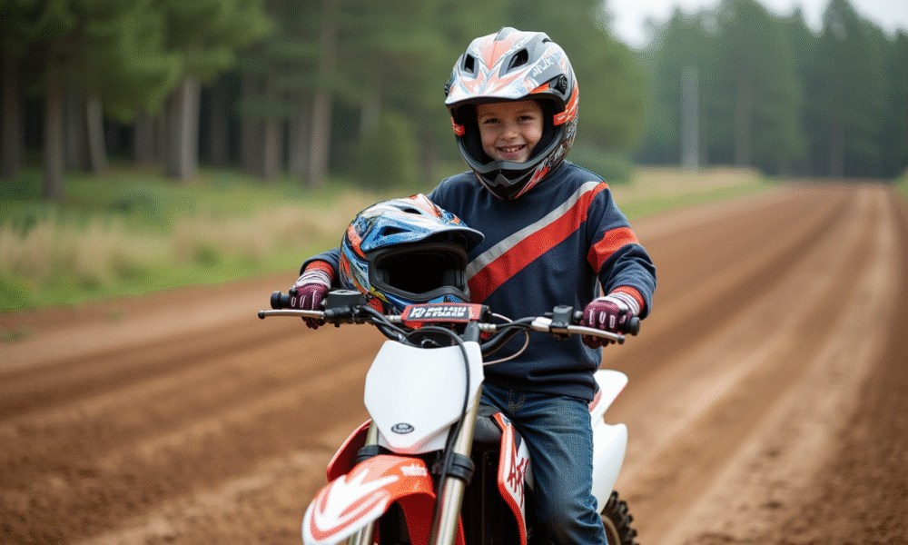 Jeune garçon avec casque et moto Piwi 80 en extérieur