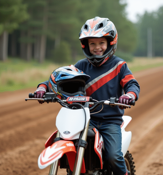Jeune garçon avec casque et moto Piwi 80 en extérieur