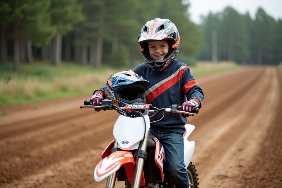 Jeune garçon avec casque et moto Piwi 80 en extérieur