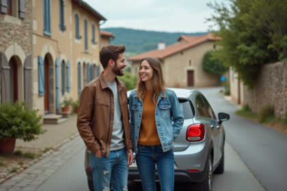 Jeune couple riant près d une voiture dans un village rural français
