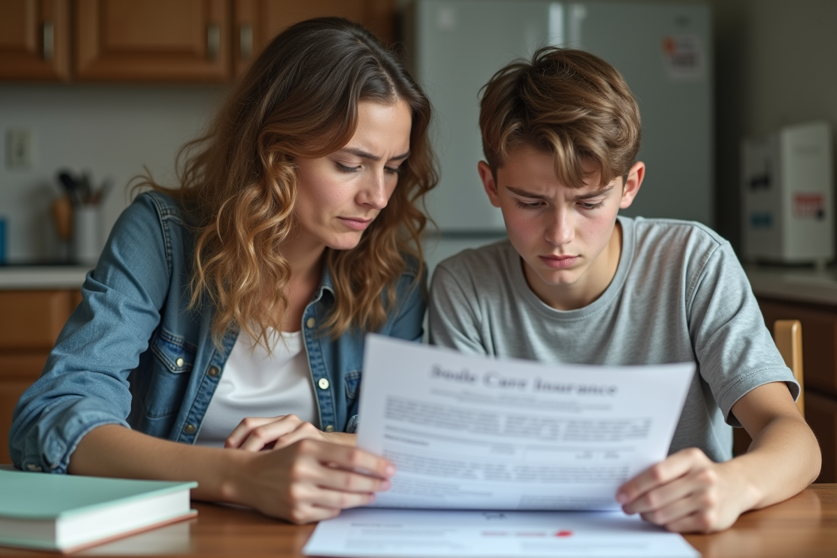 Mère et fils adolescents étudiant documents d'assurance auto