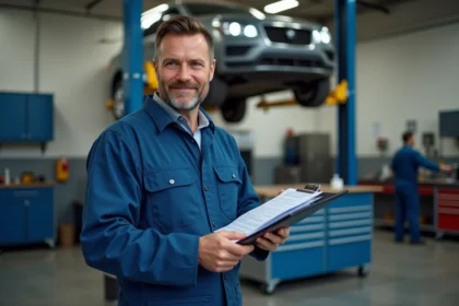 Mécanicien homme en coveralls bleus dans un garage professionnel