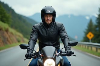 Homme en moto sportive 1000cc sur route de montagne