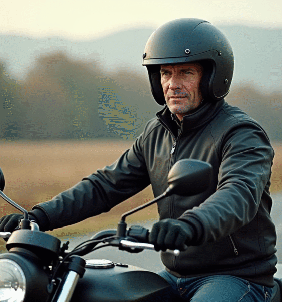 Motard homme en balade sur route rurale calme