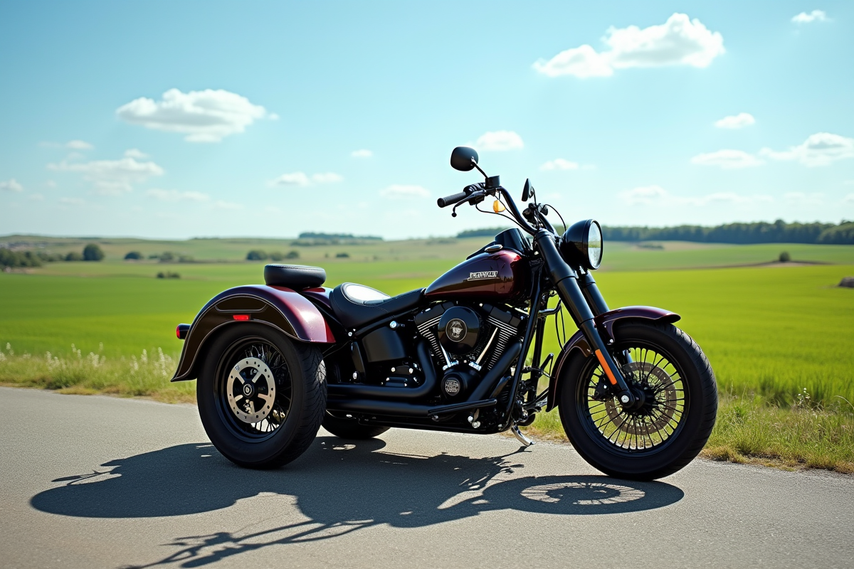 Moto Harley Davidson vintage avec sidecar en campagne