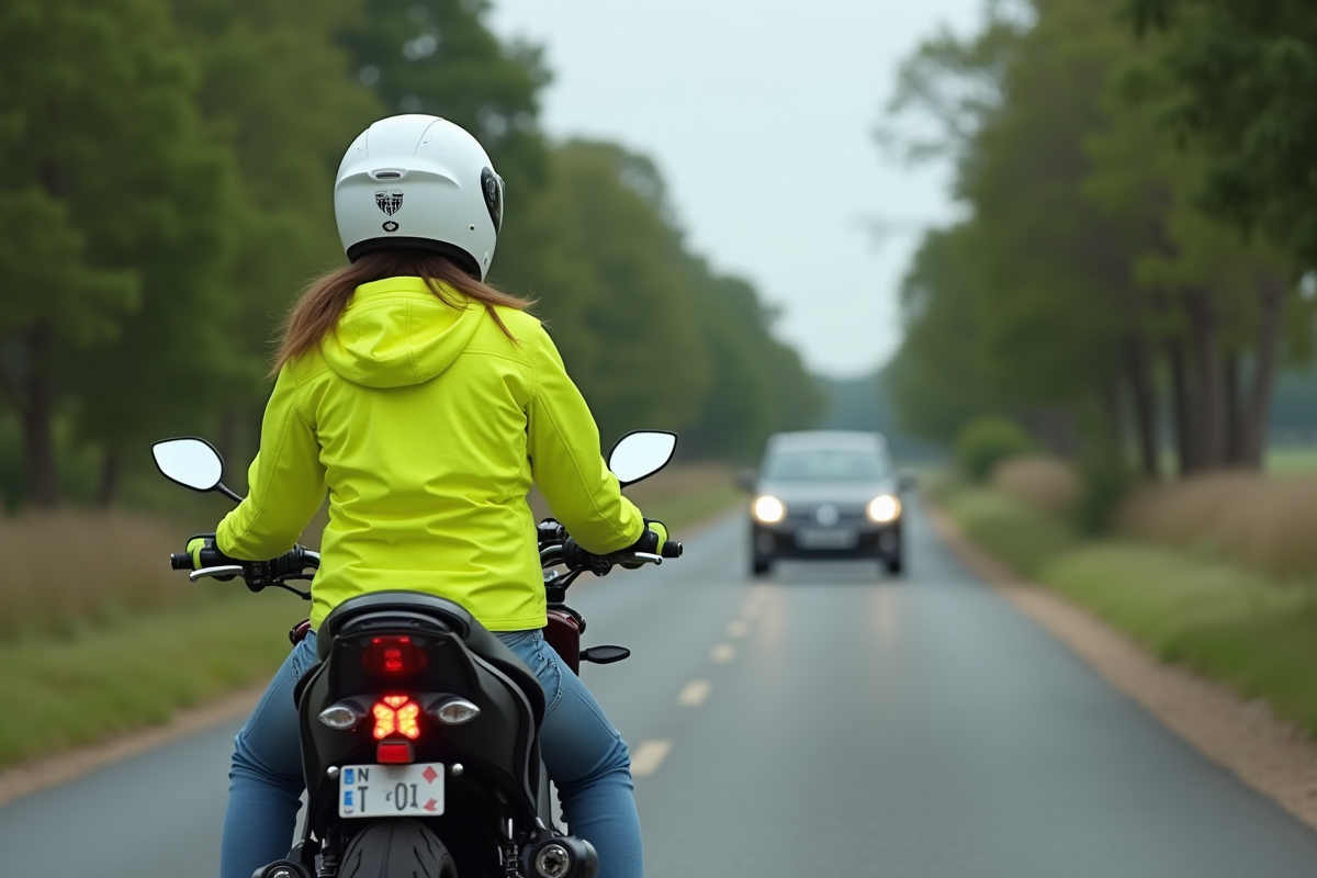 Motocycliste en jaune à l arrêt en campagne