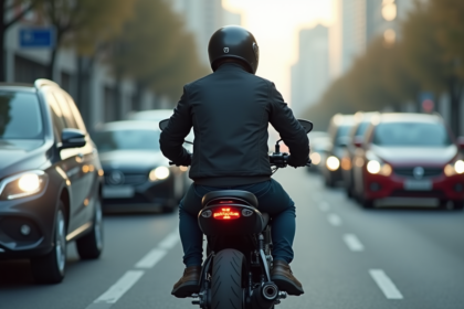 Motocycliste urbain en noir en ville dynamique