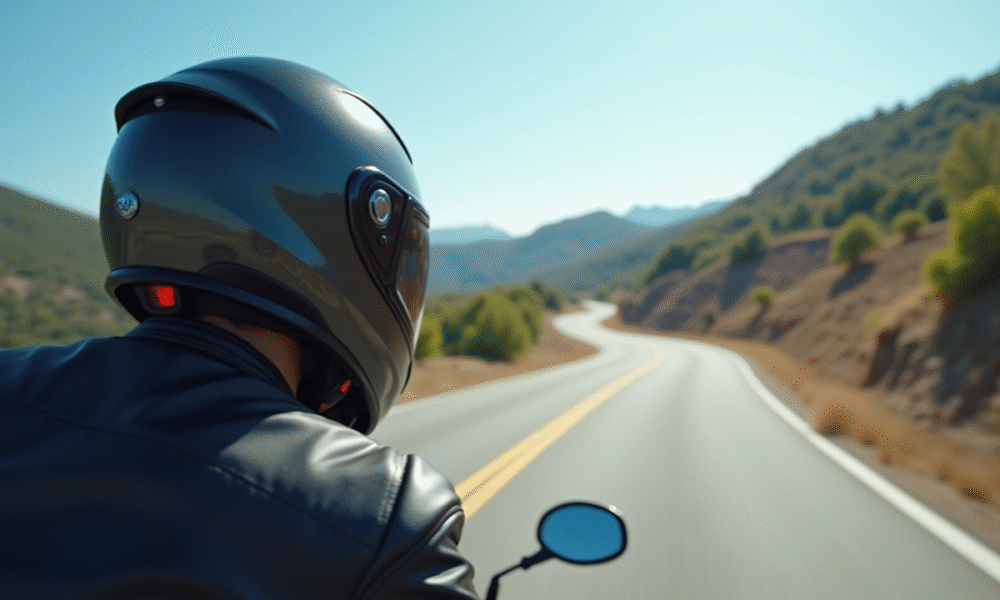 Motocycliste casque intégral en mouvement sur route panoramique