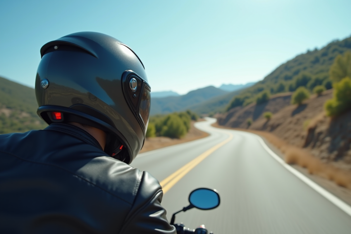 Motocycliste casque intégral en mouvement sur route panoramique