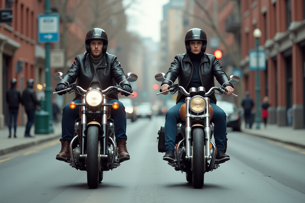 Deux motards urbains passant dans une rue de ville