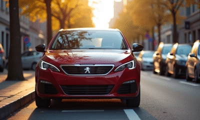 Peugeot 308 2021 stationnee en ville en plein soleil