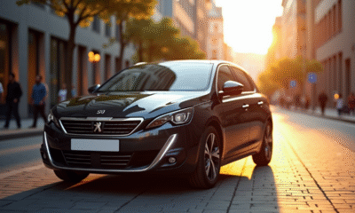 Peugeot 308 moderne stationnée en ville lors de l'heure dorée