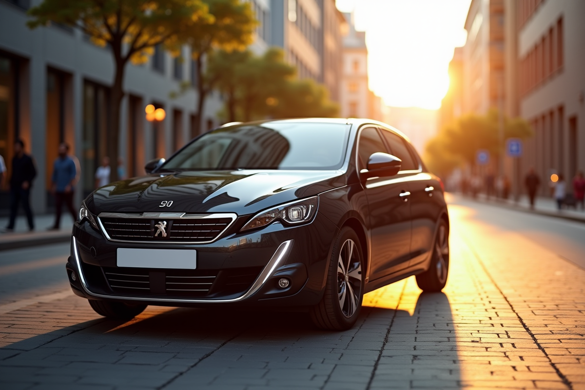 Peugeot 308 moderne stationnée en ville lors de l'heure dorée