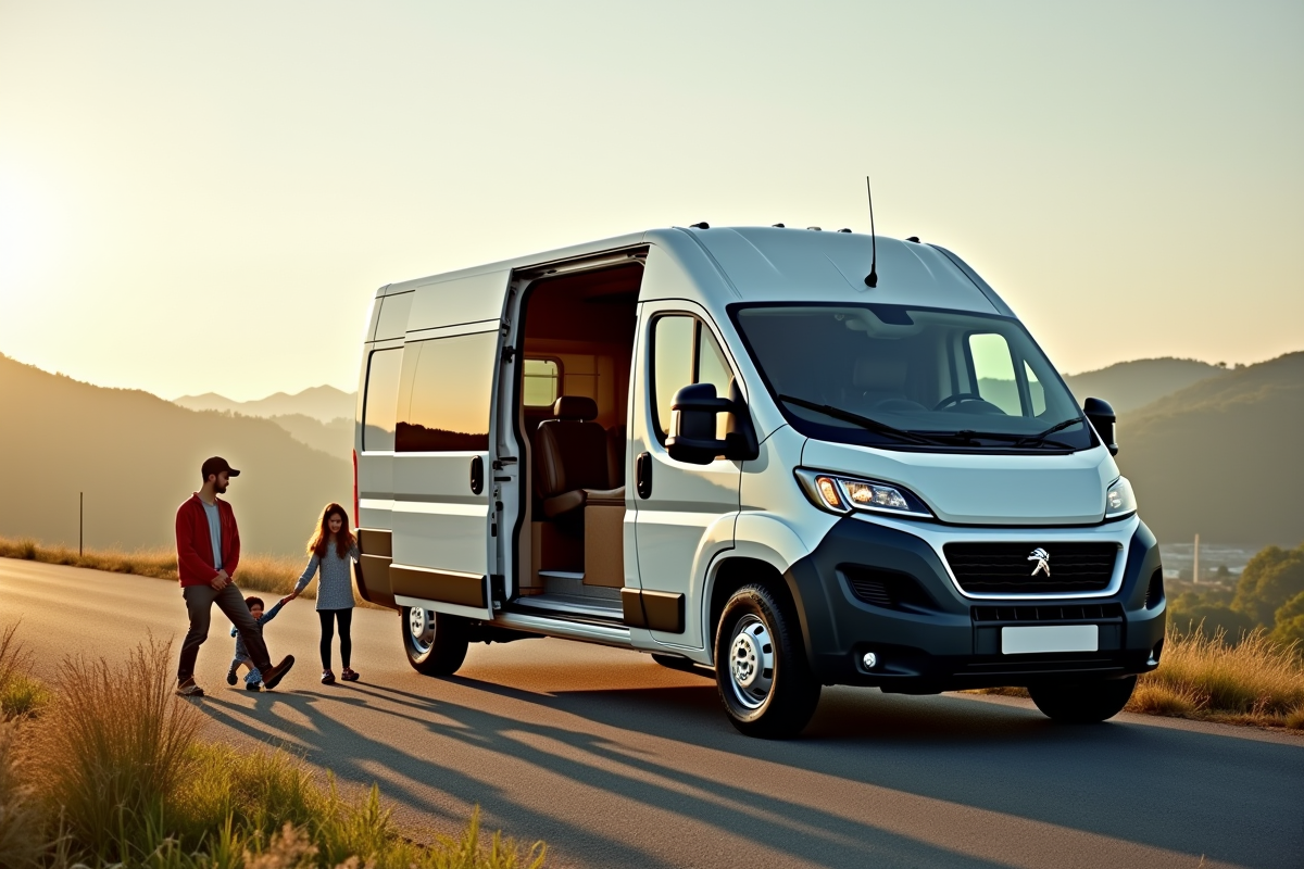 Famille devant le Peugeot Boxer en paysage verdoyant