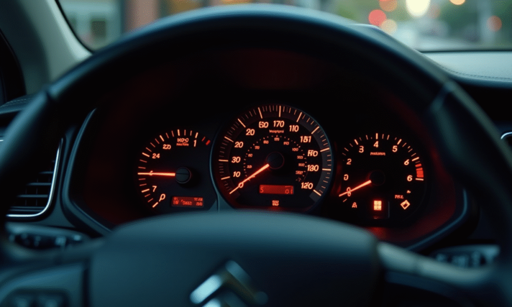 Tableau de bord Citroën avec voyant moteur allumé en lumière naturelle