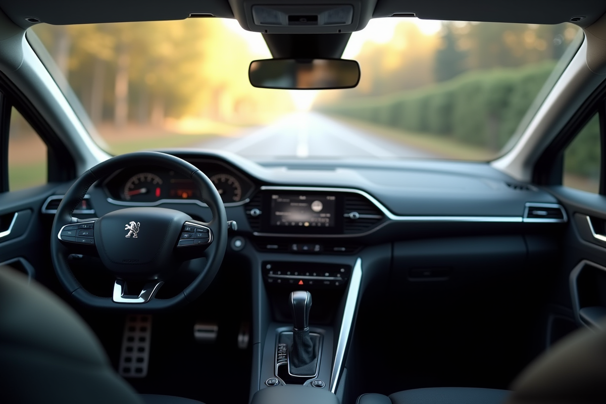 Intérieur du tableau de bord de la Peugeot 308 vue de face
