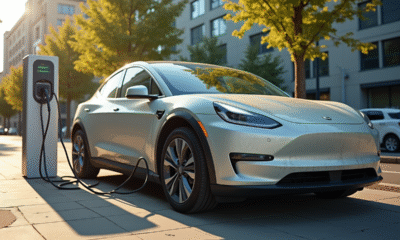 Voiture électrique en charge dans une station urbaine usée