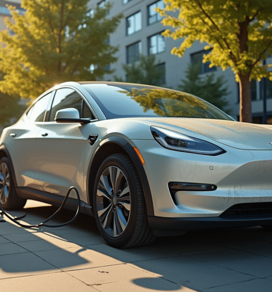 Voiture électrique en charge dans une station urbaine usée
