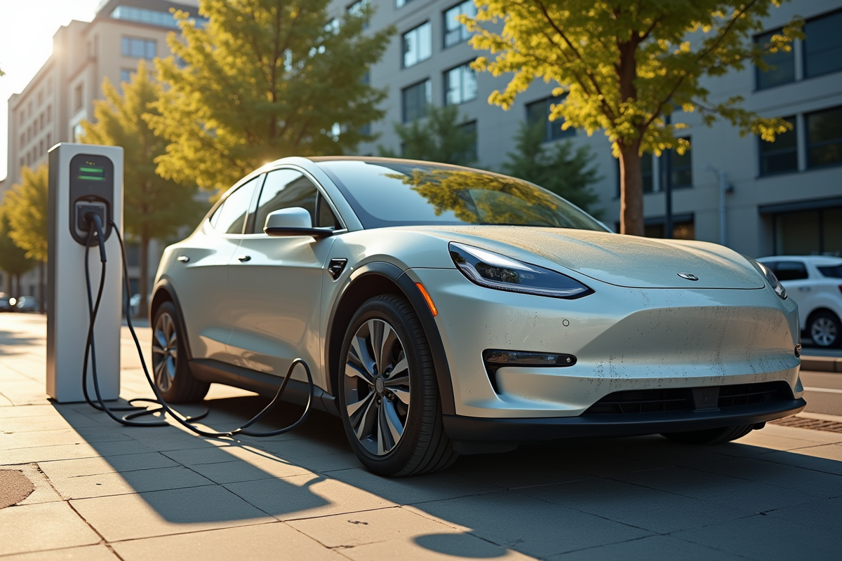 Voiture électrique en charge dans une station urbaine usée