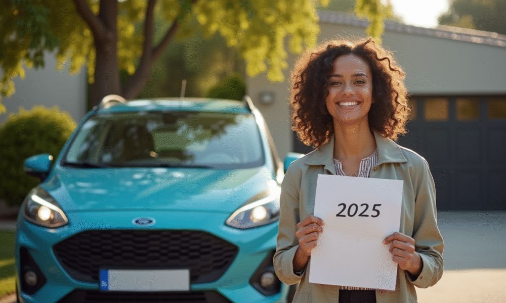 Voiture française garée dans une allée avec conducteur souriant tenant des papiers 2025