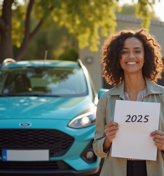 Voiture française garée dans une allée avec conducteur souriant tenant des papiers 2025