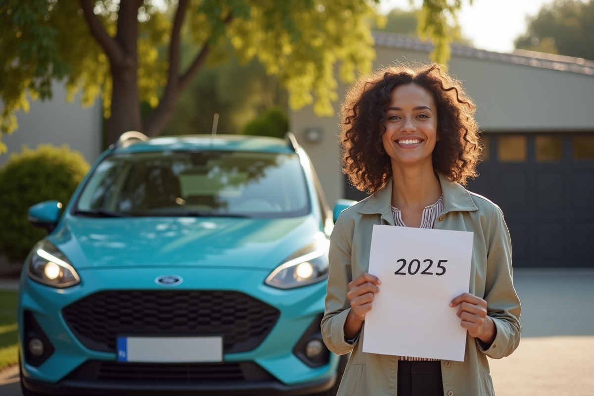 Voiture française garée dans une allée avec conducteur souriant tenant des papiers 2025