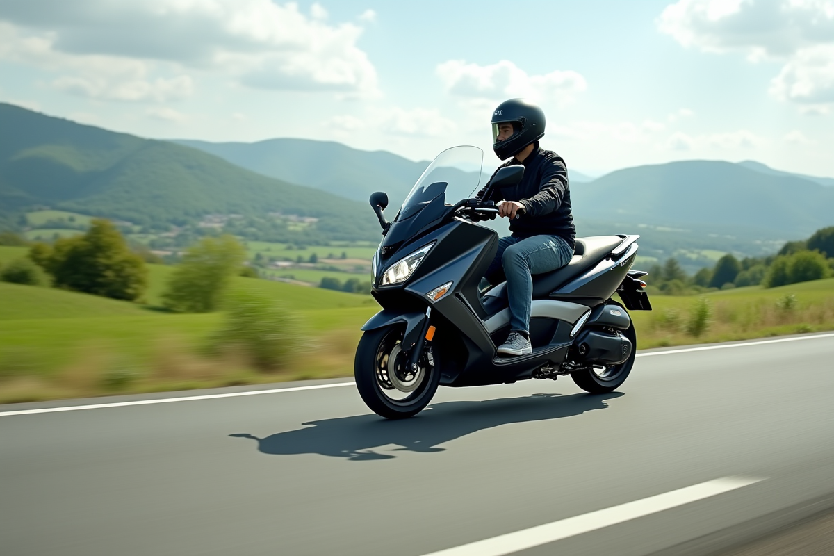 Conducteur Yamaha TMax en pleine nature en plein jour