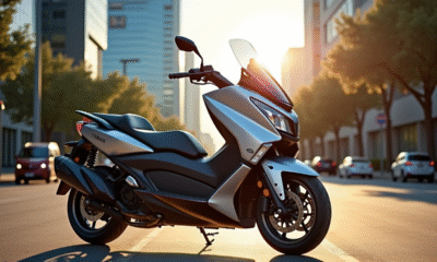 Scooter Yamaha TMax stationne en ville au soleil couchant