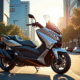 Scooter Yamaha TMax stationne en ville au soleil couchant