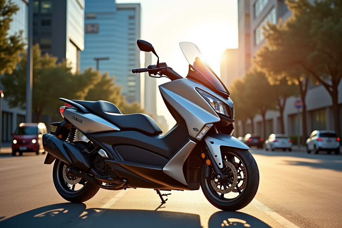 Scooter Yamaha TMax stationne en ville au soleil couchant